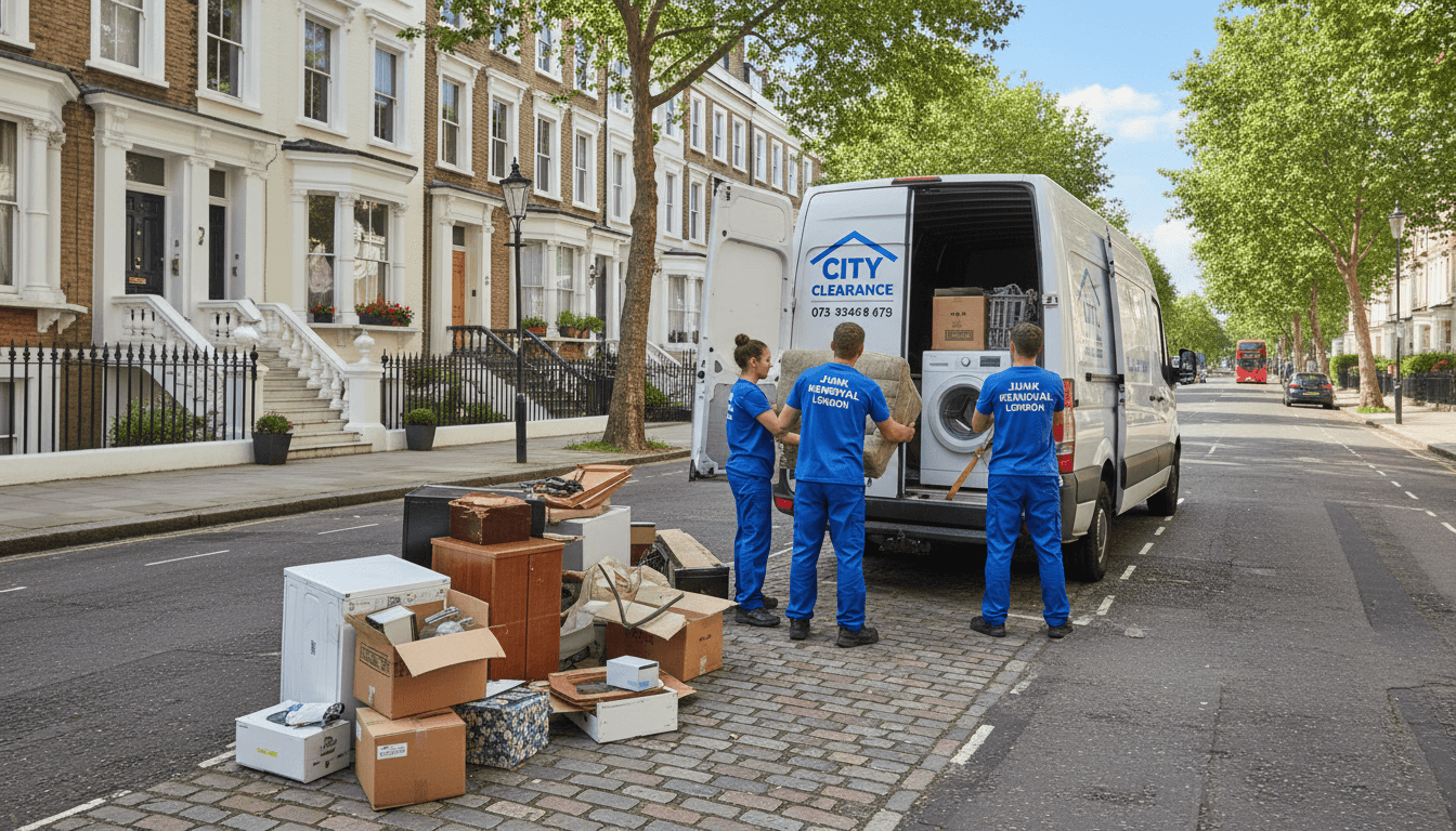 MY JUNK REMOVAL team efficiently loading waste into van on residential London street