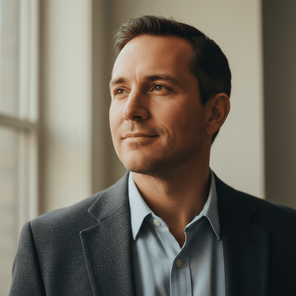 Confident man in professional shirt gazing thoughtfully, expressing clarity and personal breakthrough moment