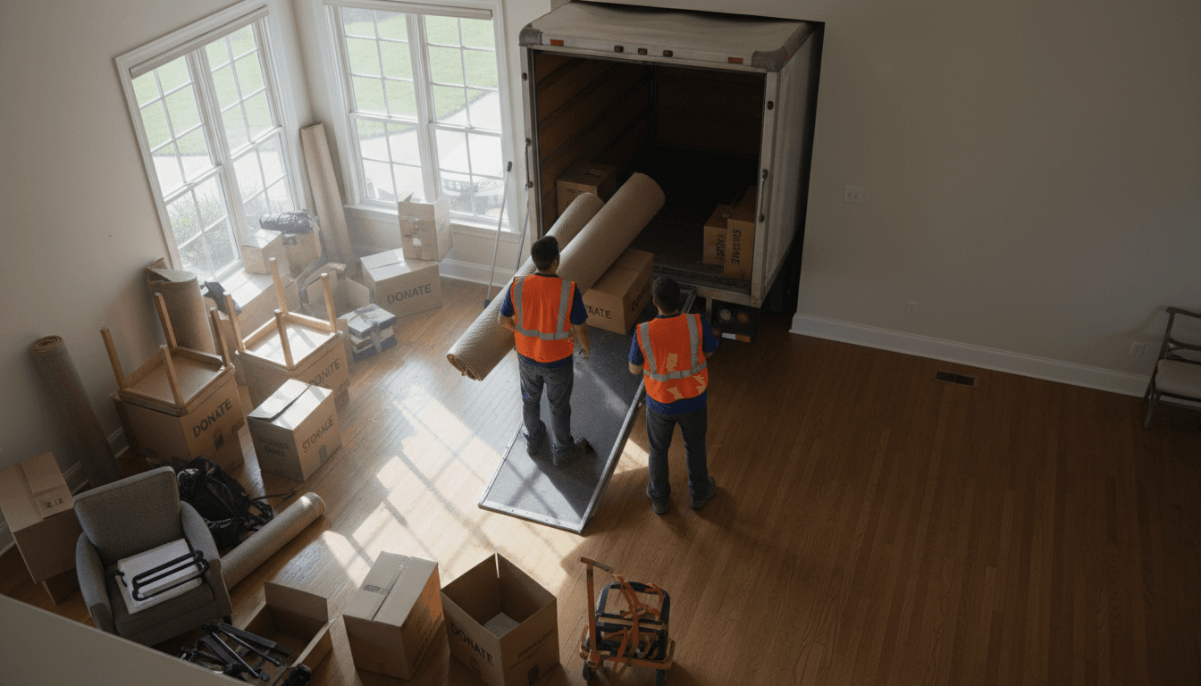 Professional junk removal team loading items into a van on a London street